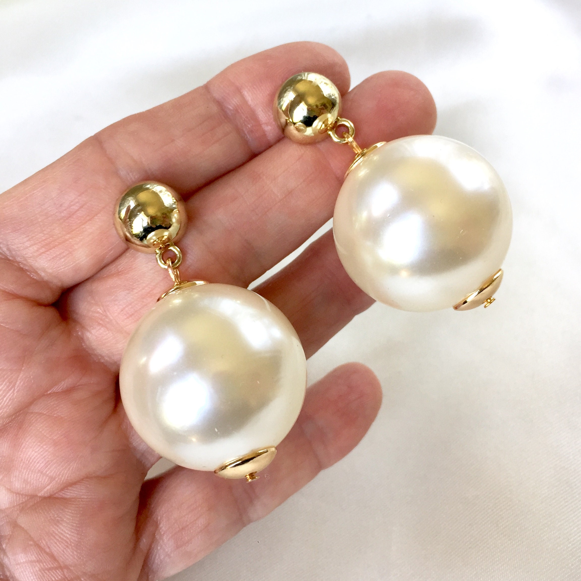 Vintage 80s Giant Cream Pearls and Gold Tone Half Ball Stud