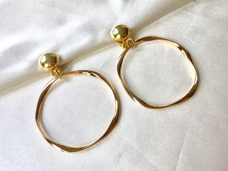 Large Ribbon Hoop 70s Large Gold Dainty Twisted Ribbon Hoops Clip on Earrings,sculptured ...