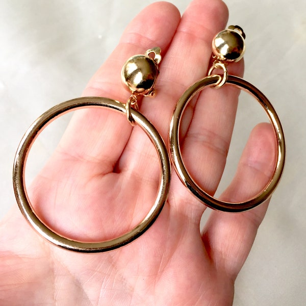 70s Extra Large  Gold Plated Hoops Clip On Earrings,Clip On Gold Hoops,Statement Earrings,Gold Hoop Dangles Clip On,NOS,Made in Italy,Runway
