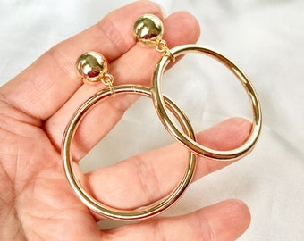 Vintage 70s Extra Large Gold Plated Hoops and Half Ball Stud Earrings,Polished Tube Hoops with Posts for Pierced Ears,Statement Earrings,NOS