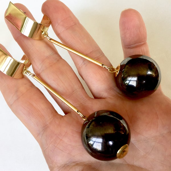 Vintage 80s Extra Large Black Pearls and Gold Bars and Cuff Stud Earrings,Long Pearl Pendulum Earrings,Statement Earrings,Runway Trend 2023