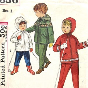May include: A Simplicity sewing pattern envelope 4636 for a child size 2. The illustration shows three children wearing hooded jackets and trousers for skiing. One child wears a white jacket with blue trousers, another a green jacket with green trousers, and the third a red jacket with red trousers. The text includes Simplicity, 4636, Child Size 2, and 50c.