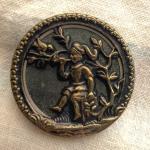 Antique Victorian Picture Button "Little Charmer" Boy and Bird on Branch