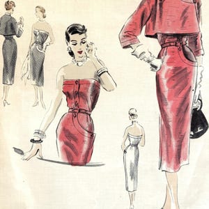 May include: Vintage Vogue Couturier Design sewing pattern. The illustration features a red dress with a matching bolero jacket. The design includes a pencil skirt, a strapless dress, and a short-sleeved jacket. The text "Vogue Couturier Design" is visible.