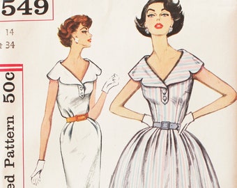 Simplicity 2549 Full or Narrow Skirted Dress with Wide Notched Collar 1950s Sewing Pattern
