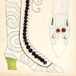 May include: A vintage craft project featuring a black and white line drawing of a boot with a green heel. The boot is decorated with black beads and a green bow. A second line drawing of a shoe with a green heel is also included, decorated with white and brown beads.