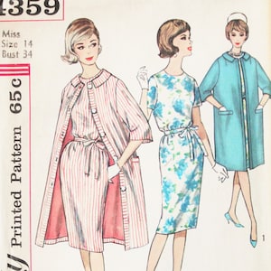 May include: Vintage Simplicity sewing pattern featuring three dress designs. The illustrations depict a striped dress with a matching coat, a floral print dress, and a solid-colored coat dress. The pattern includes sizing information: Miss Size 14, Bust 34.