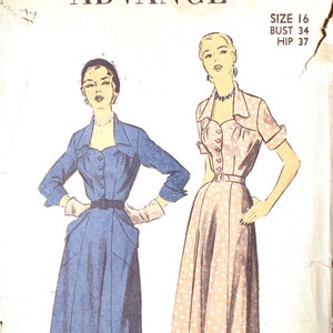 Advance 5680 Vintage 1950&#39;s Dress Pattern with Button Front, Belted Waist and Sweetheart Neckline Size 16
