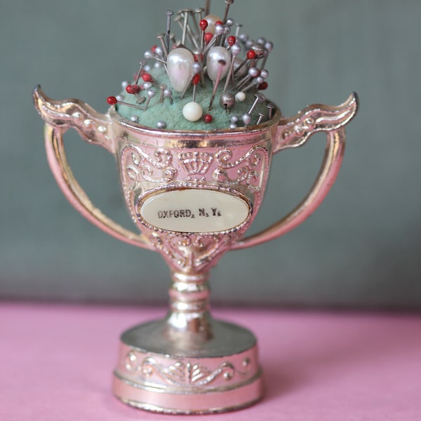 Souvenir White Metal Trophy Shaped Pincushion, Oxford NY, with Vintage Pins