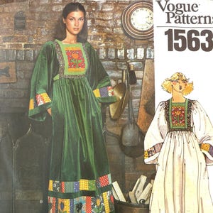 May include: Vogue Patterns 1563 sewing pattern. The pattern shows a long green velvet dress with patchwork details on the sleeves and hem. The bodice has a floral design. A white dress with similar details is also shown.