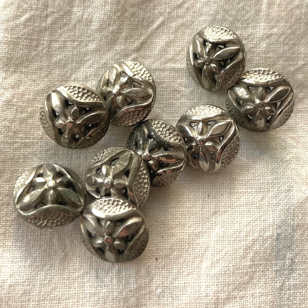 Set of 9 Pierced Vintage Silver Metalized ABS Plastic Buttons