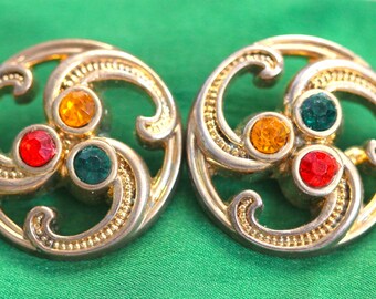 Set of 2 Openwork Gold ABS Plastic Buttons with Colored Pastes and Triskelion Design