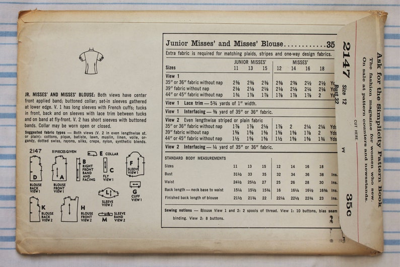 Simplicity 2147 Short or Long Sleeved 1950s Blouse Pattern image 3