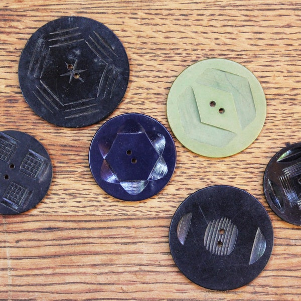 Lot of 6 Large Geometric Carved Vintage Plastic Wafer Buttons