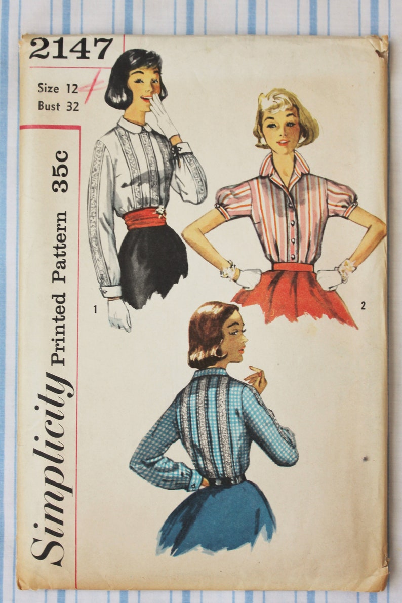 Simplicity 2147 Short or Long Sleeved 1950s Blouse Pattern image 2