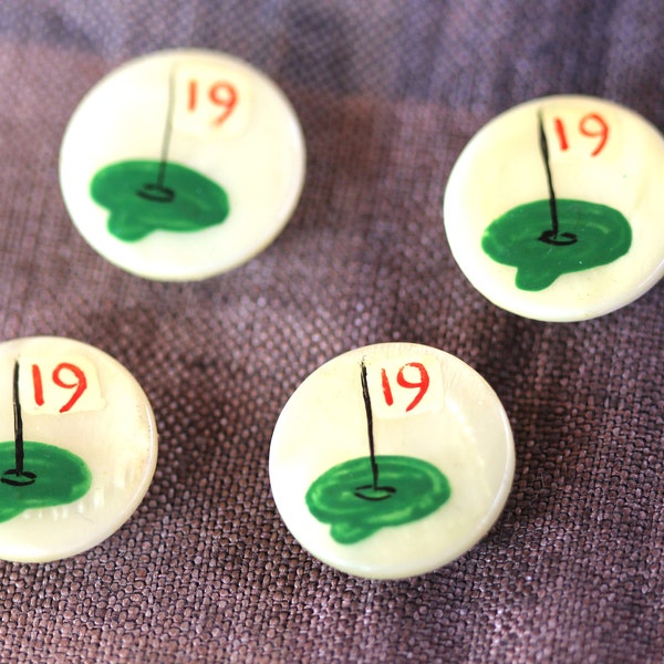 Set of 4 Vintage 19th Hole Hand Painted Mother of Pearl Golf Buttons