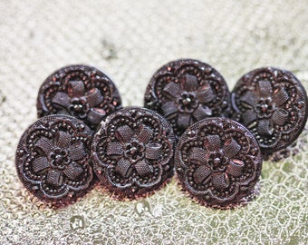 Set of 6 Pressed Lacy-Like Black Glass Antique Buttons