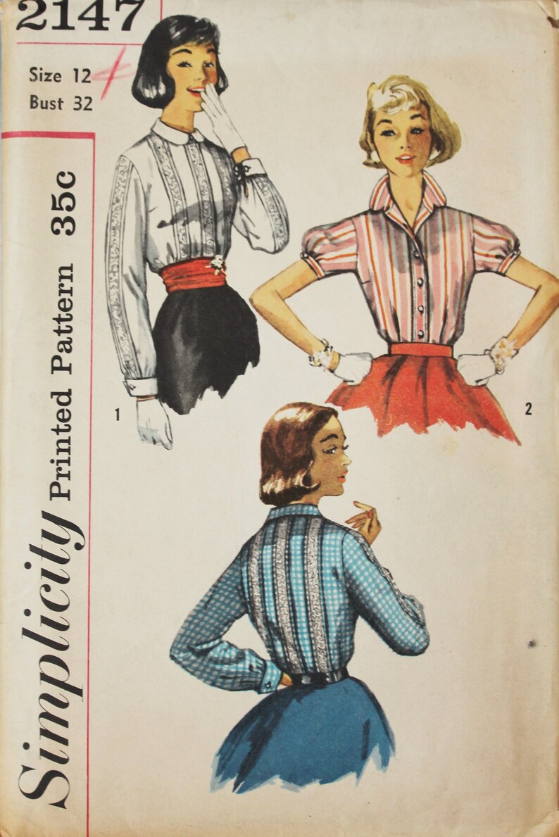 Simplicity 2147 Short or Long Sleeved 1950s Blouse Pattern image 1