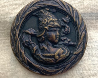 Large Antique Mythology Picture Button Bellum Goddess of War Athena Bellona