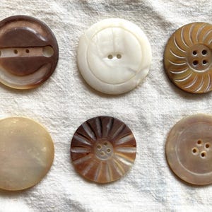 Könnte beinhalten: Sechs verschiedene Knöpfe aus natürlichen Materialien. Die Knöpfe sind rund und haben verschiedene Muster und Farben, darunter Braun, Weiß und Beige.