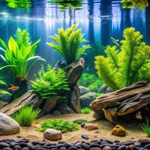 Aquarium  Background - Bright Green Plants with Driftwood