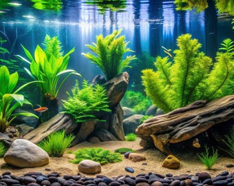 Aquarium  Background - Bright Green Plants with Driftwood