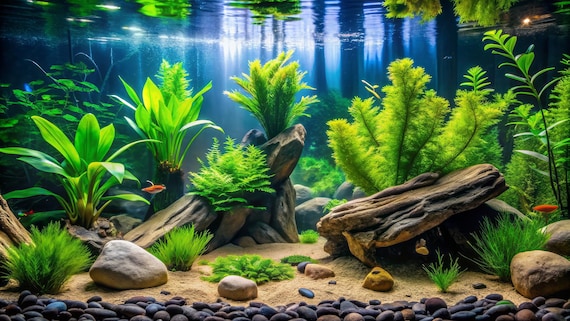 Aquarium Background Bright Green Plants With Driftwood