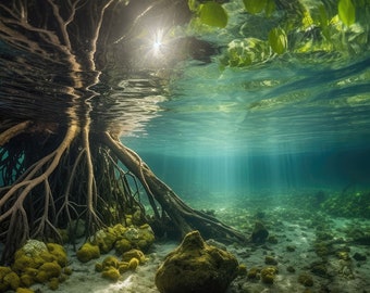 Aquarium Background /  Mangrove Roots with Sun