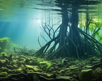 Aquarium Background /  Mangrove with Plants & Rocky Bottom