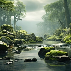 River With Rocks and Trees Panoramic Terrarium Background