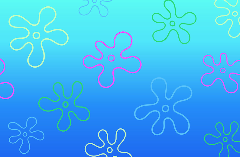 May include: A blue background with a gradient of light blue to dark blue.  There are multiple starfish shapes in various colors, including pink, green, and white.