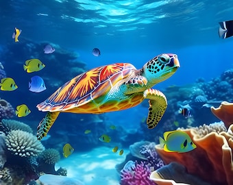 Aquarium Background / Colorful - Turtle with Sea Animals.