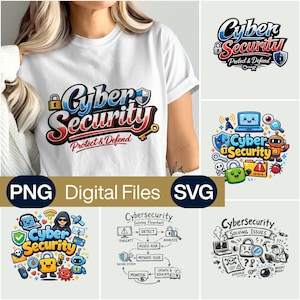 Peut inclure: T-shirt blanc avec un motif coloré "Cyber Security" comprenant un cadenas, un bouclier et une clé. L'expression "Protect & Defend" est en dessous. Des graphiques de fichiers numériques sont également présents.