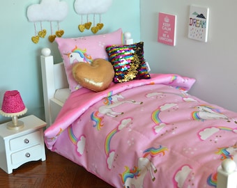 18" Doll Bedding Set / Unicorn in Pink Doll Quilt