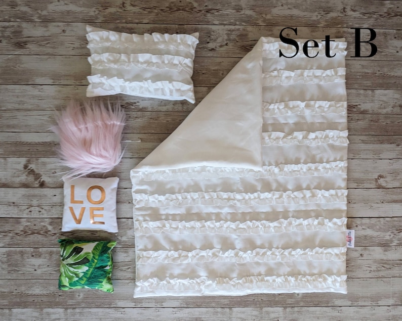 18 Inch Doll Bedding / White Ruffles Quilt Set Set B