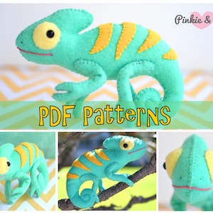 May include: PDF patterns for a green and yellow felt chameleon plush toy. The chameleon is shown in different poses, including sitting, standing, and climbing.