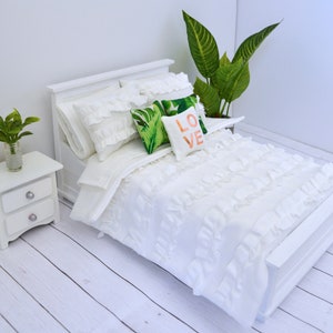 1:6 Scale White Ruffled Doll Bedding Set / Blanket And Pillows fit 12 inch fashion dolls image 3