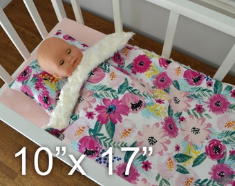 Floral Soft Minky Doll Bedding Set - Blanket And Pillow Set - Baby Doll Crib Bedding