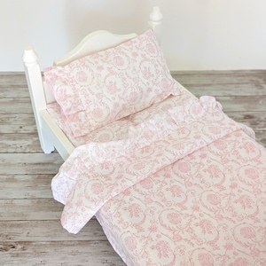 18" Doll Linen Set / Pink Floral Mattress, Ruffle Top Sheet, Pillowcase, Pillow Insert