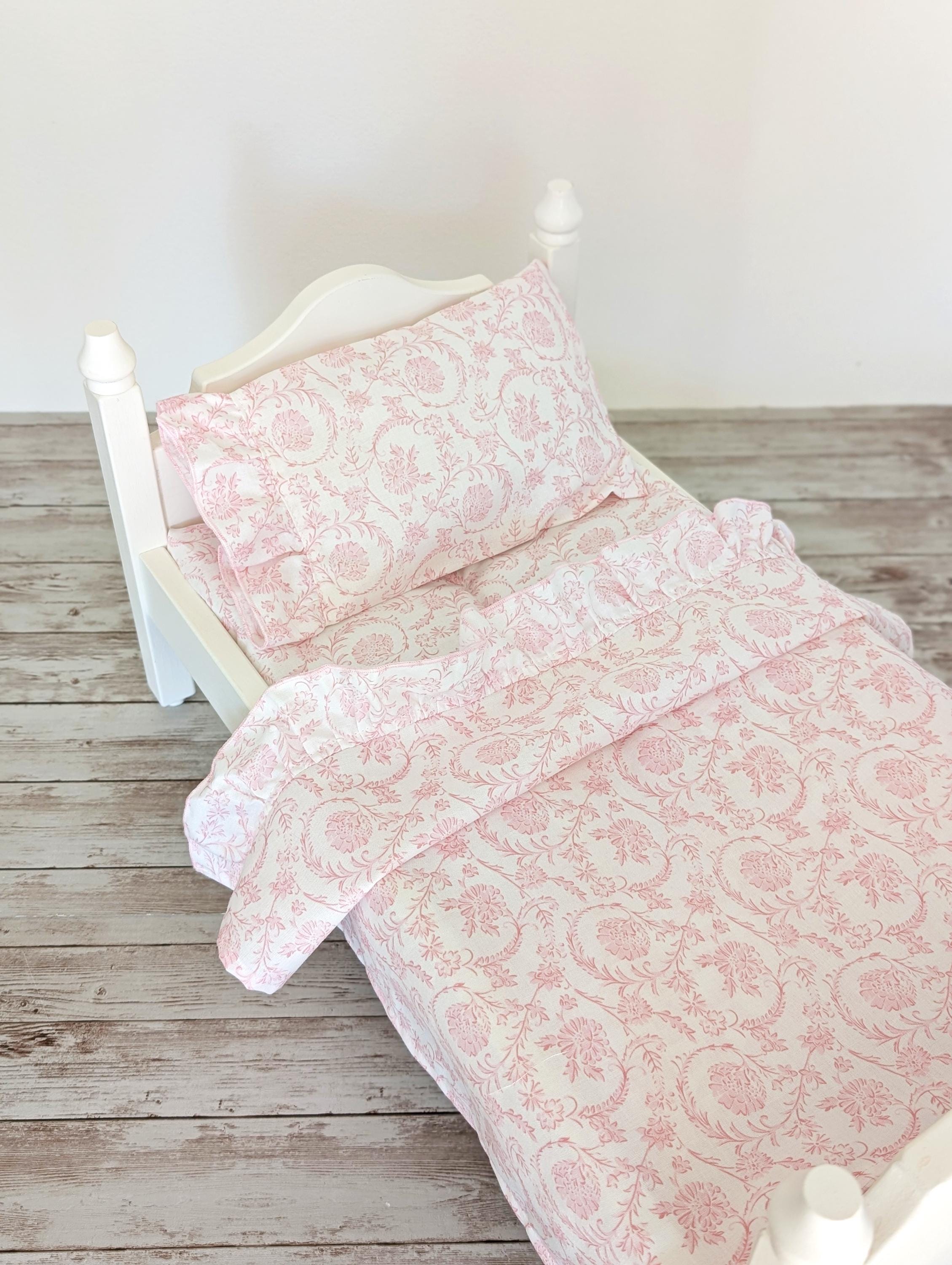 18" Doll Linen Set / Pink Floral Mattress, Ruffle Top Sheet, Pillowcase, Pillow Insert
