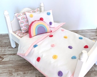 18" Doll Bedding Set, Rainbow dots / Blanket and Pillows/ 18 inch doll quilt