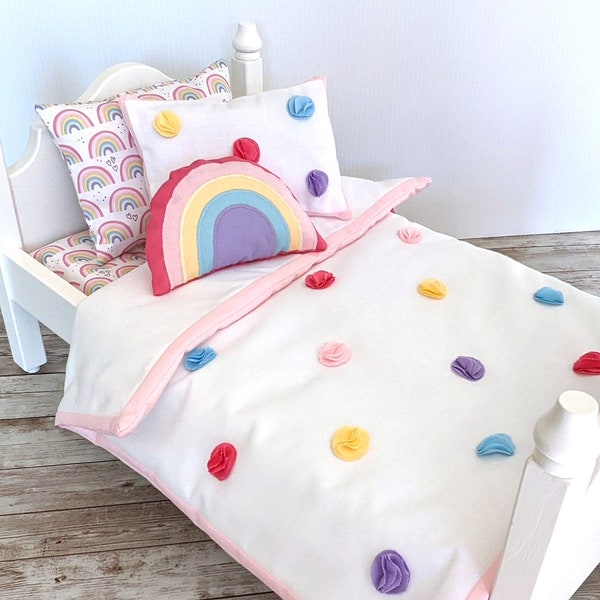 18-Zoll-Puppenbettwäsche, Regenbogen-Punkte / Decke und Kissen / 18-Zoll-Puppenquilt