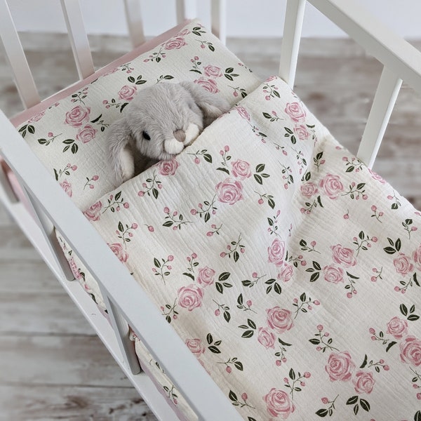 Rose Flower Print Doll Bedding Set - Toy Bedding Set - Muslin Blanket And Pillow Set For A Doll Crib, Cradle, And Bed