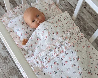 Dainty Floral Doll Bedding Set / Doll Crib Bedding Set / Fits 12" to 18" dolls