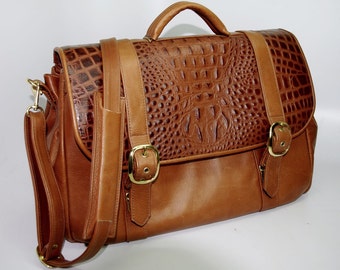 Wide Flap Briefcase - medium brown w/ medium brown croco accent