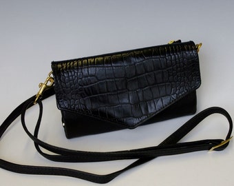 Wendy Clutch Purse - Black w/ black croco accent