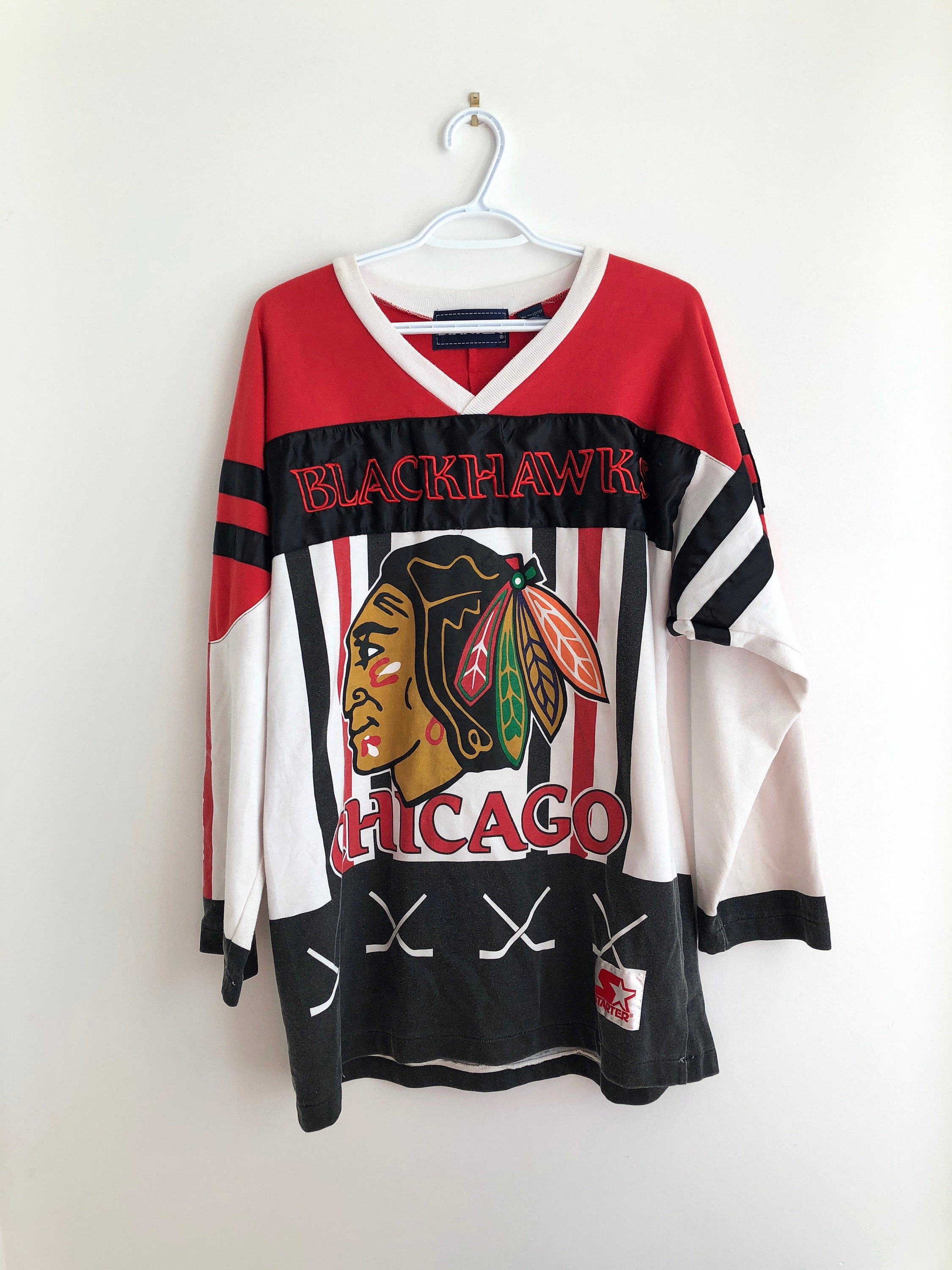 Men's Starter Black/Red Chicago Blackhawks Cross Check Jersey V-Neck Long Sleeve T-Shirt Size: Large