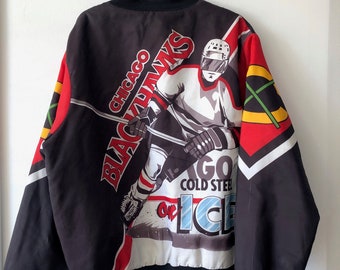 HippityHistory Vintage Chicago Blackhawks Hockey Large Jersey. Authentic CCM by Maska Tag. Made in U.S.A. Expected Vintage Age Wear. One Very Slight Stain.