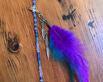 Handmade Hair Clip, Feather Clip, Dyed Feather with Beads and Leaf Charm, Hair Jewelry, One of a Kind