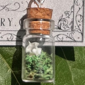Op de afbeelding: Een kleine glazen fles met een kurken stopper, gevuld met groen mos en een wit, organisch gevormd object. De fles hangt aan een zilverkleurige haak. De achtergrond is een groen blad.